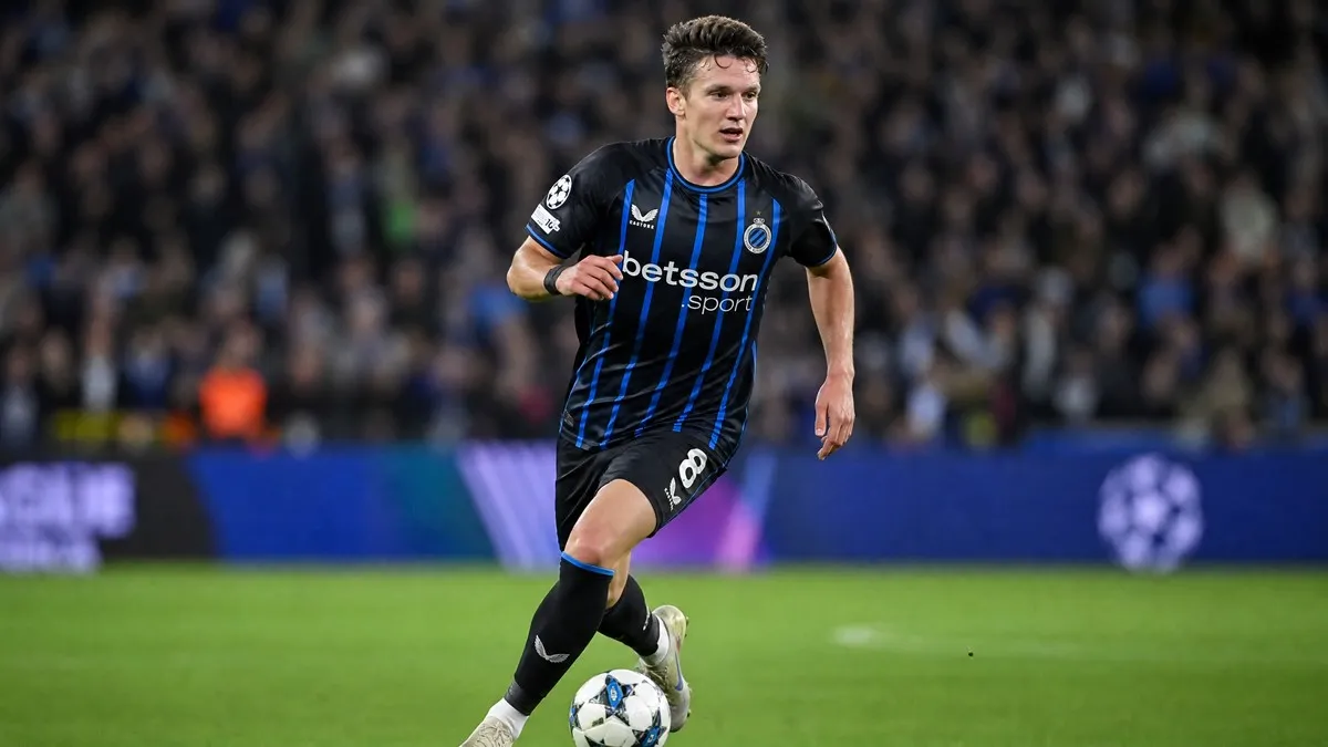 Christos Tzolis in action for Club Brugge driving forward on the left wing as Arsenal pursue a summer transfer deal