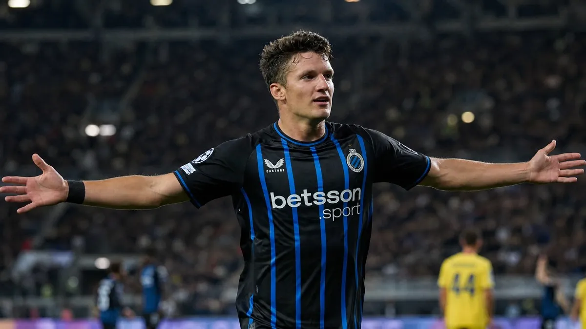 Christos Tzolis celebrating a goal for Club Brugge as Arsenal close in on a £35m transfer for the Greek winger
