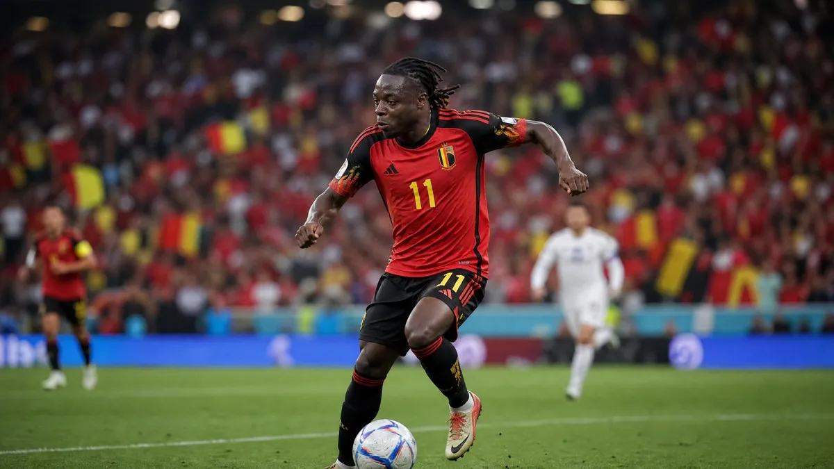 Jeremy Doku in action for Belgium at the 2026 FIFA World Cup, driving forward as the team's new attacking spearhead