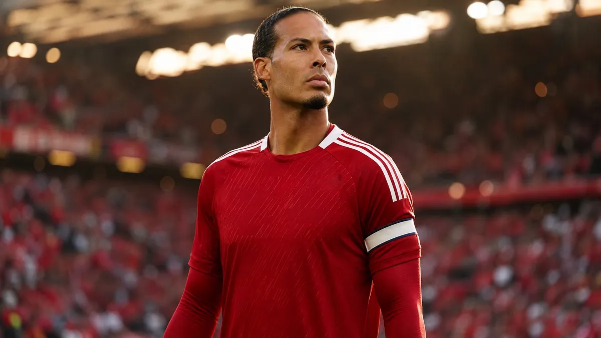 Virgil van Dijk in Liverpool FC kit at Anfield as transfer links emerge connecting the Dutch captain to AC Milan
