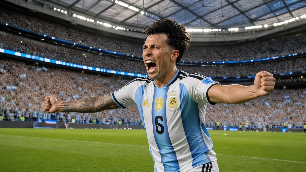 Lisandro Martinez celebrating his goal for Argentina at the 2026 FIFA World Cup in a packed stadium
