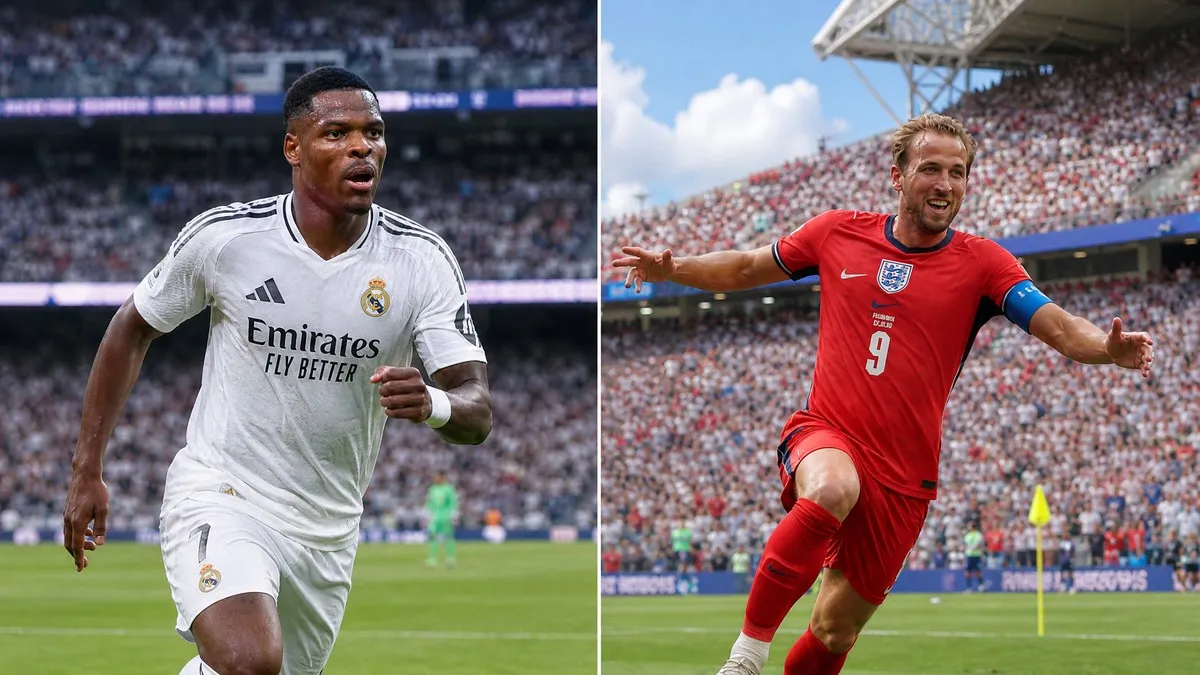 Denzel Dumfries in Real Madrid kit and Harry Kane celebrating for England at the FIFA World Cup 2026
