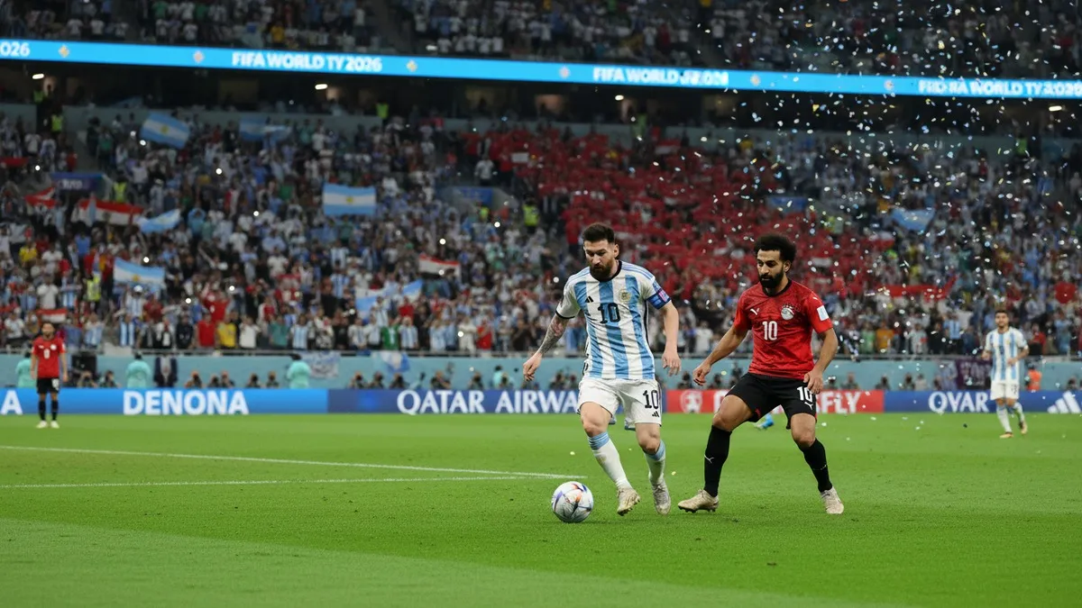 Lionel Messi and Mohamed Salah in action at the FIFA World Cup 2026 knockout stage in a packed stadium