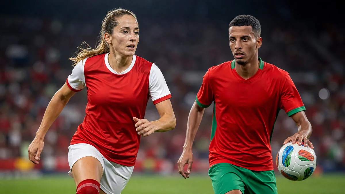 Ona Batlle running in red and white kit alongside Azzedine Ounahi in Morocco kit on a football pitch under floodlights.