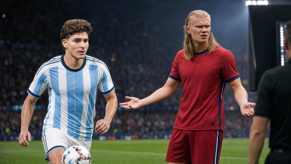 Julián Álvarez in Argentina colours beside a frustrated Erling Haaland in Norway red for Arsenal transfer and VAR controversy news.
