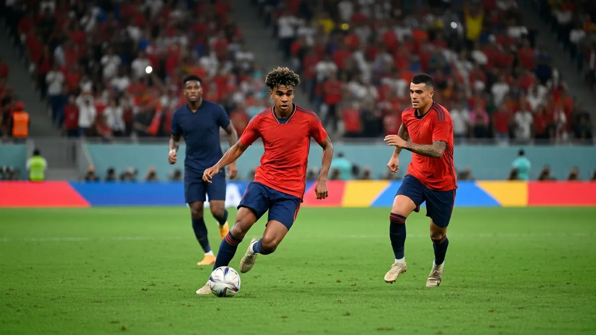 Lamine Yamal dribbles for Spain as Pedro Porro overlaps ahead of the World Cup semi-final against France.