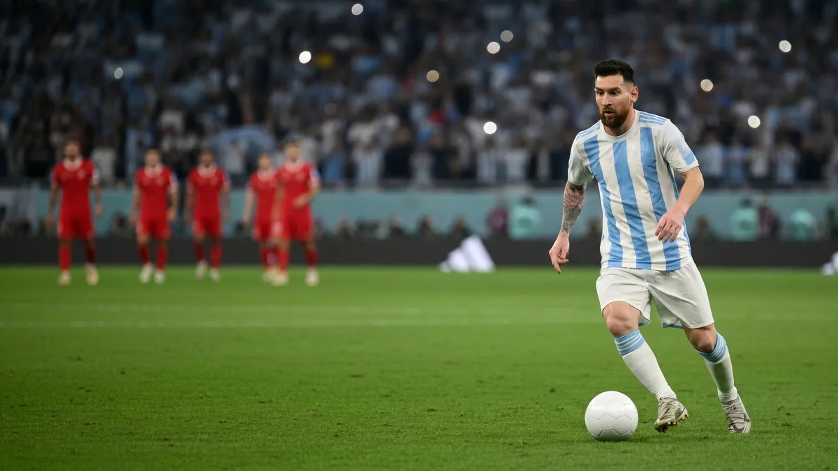 Lionel Messi drives forward with the ball for Argentina during a floodlit night match, shining ahead of the World Cup final against Spain