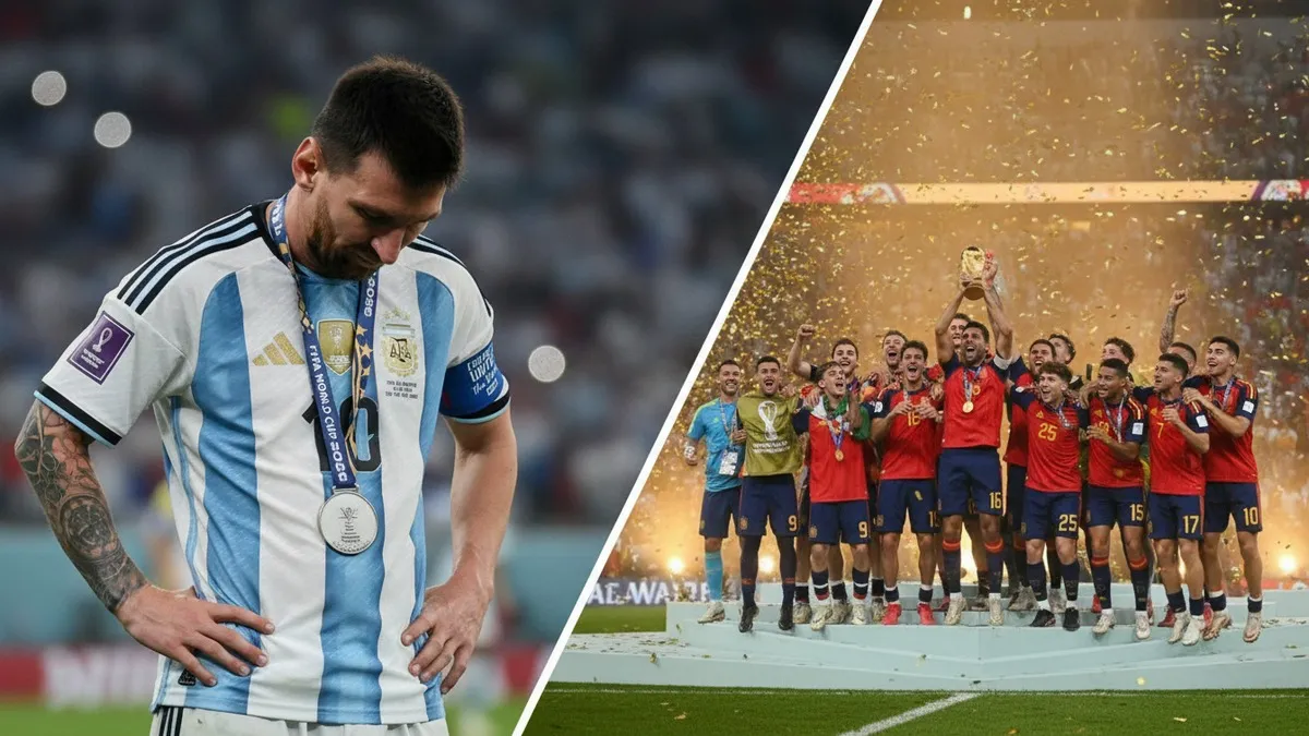 Lionel Messi dejected after Argentina lose the 2026 FIFA World Cup final to Spain, who celebrate with the trophy