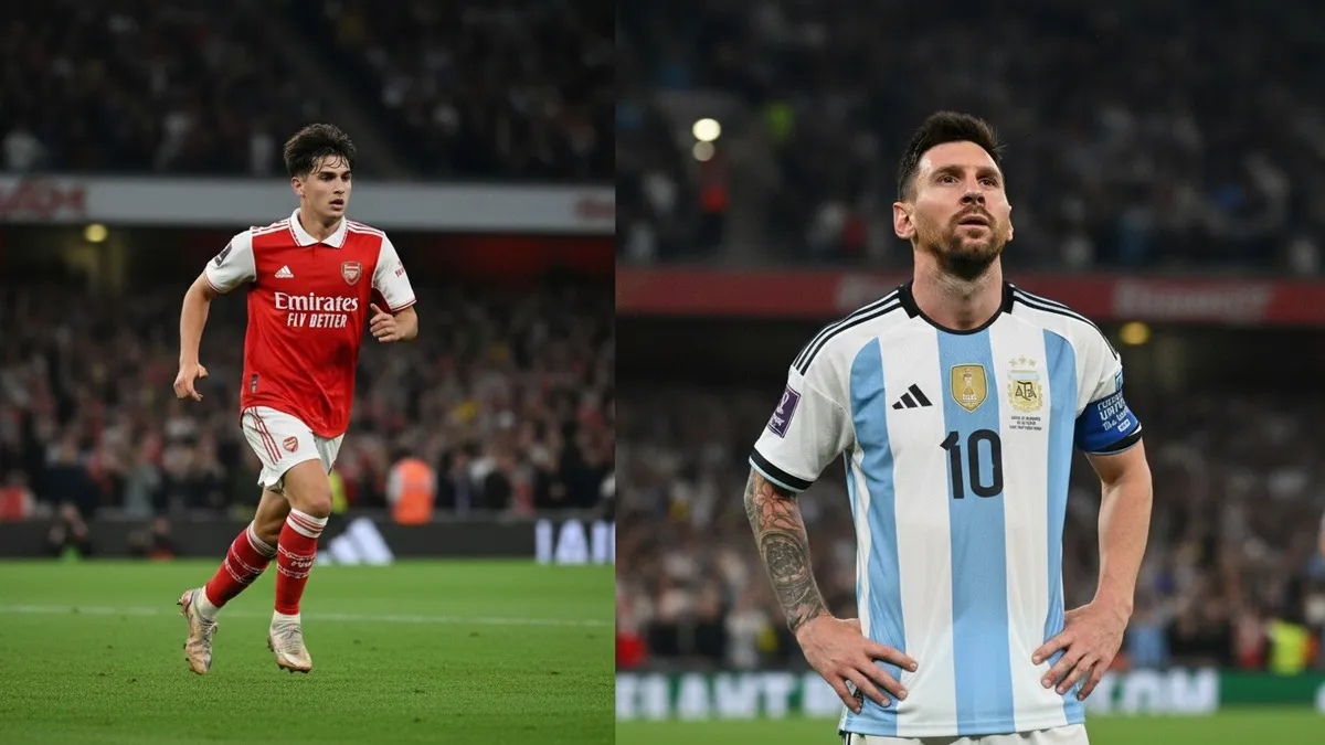 Christos Tzolis in action for Arsenal and Lionel Messi in Argentina kit at the 2026 FIFA World Cup final